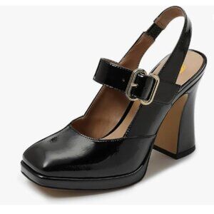 FYS Black Platform Square Toe Pumps Block High Heel Mary Janes Slingback Shoes